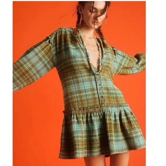 Free People Dresses & Skirts - Free people Alexa Plaid Mini Dress XL Green and Brown bohemian boho NEW